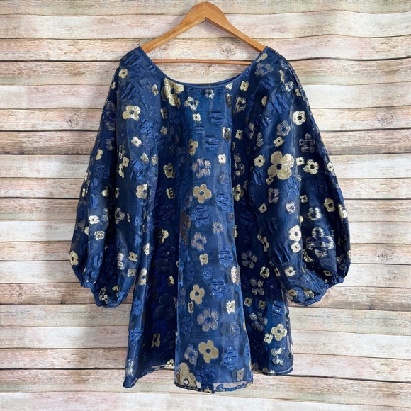 Arianne Elmy Good Luck Dress Navy Blue Gold Organza Metallic Floral Size Medium - Picture 1 of 10